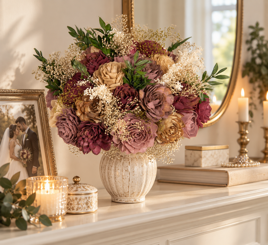 Sola wood bridal bouquet on a mantel years after the wedding