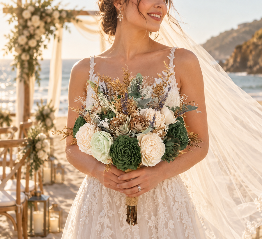 Bride holding a Sola Wood Flowers bouquet outdoors in full sun