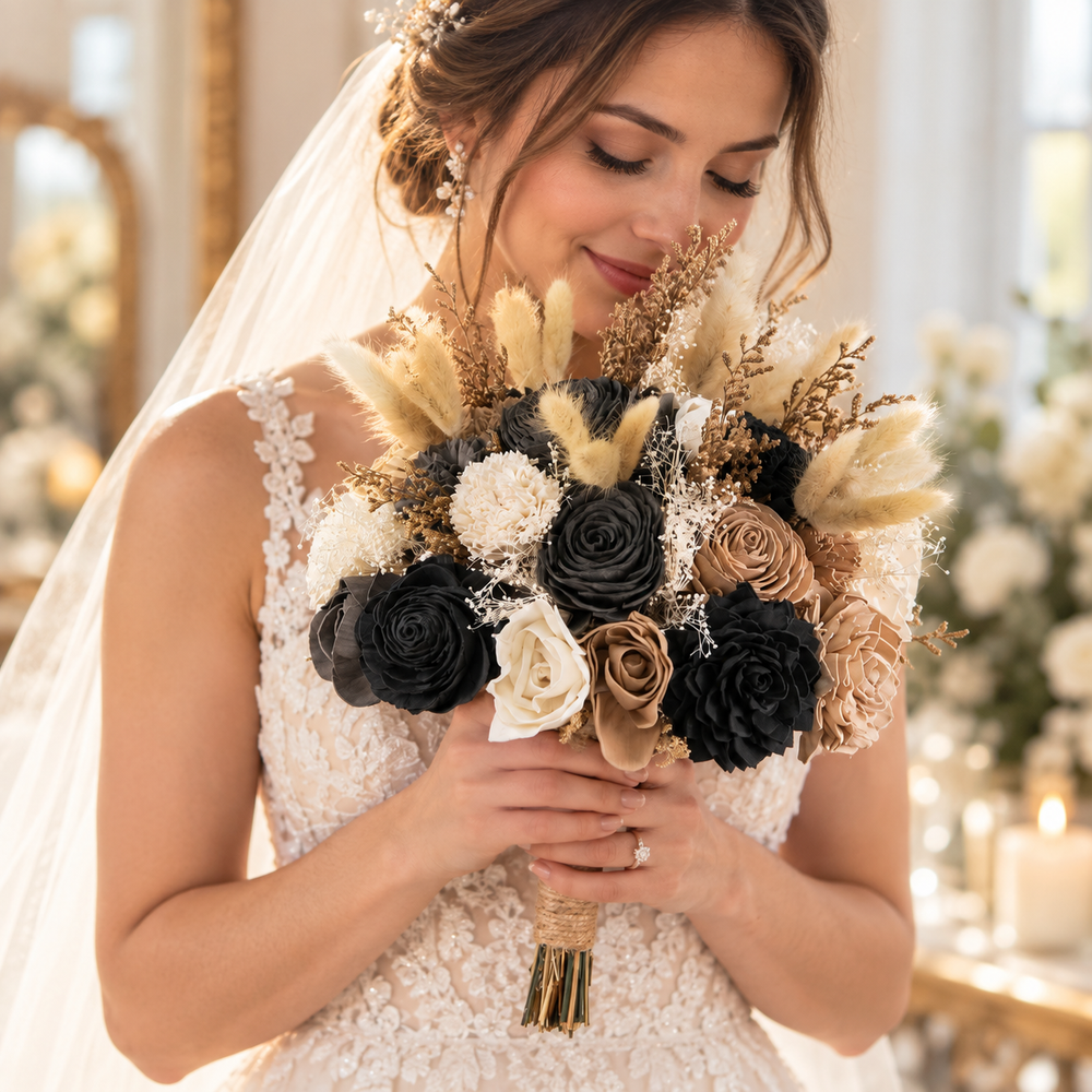 Bride holding a Sola Wood Flowers bouquet at face height with clear eyes