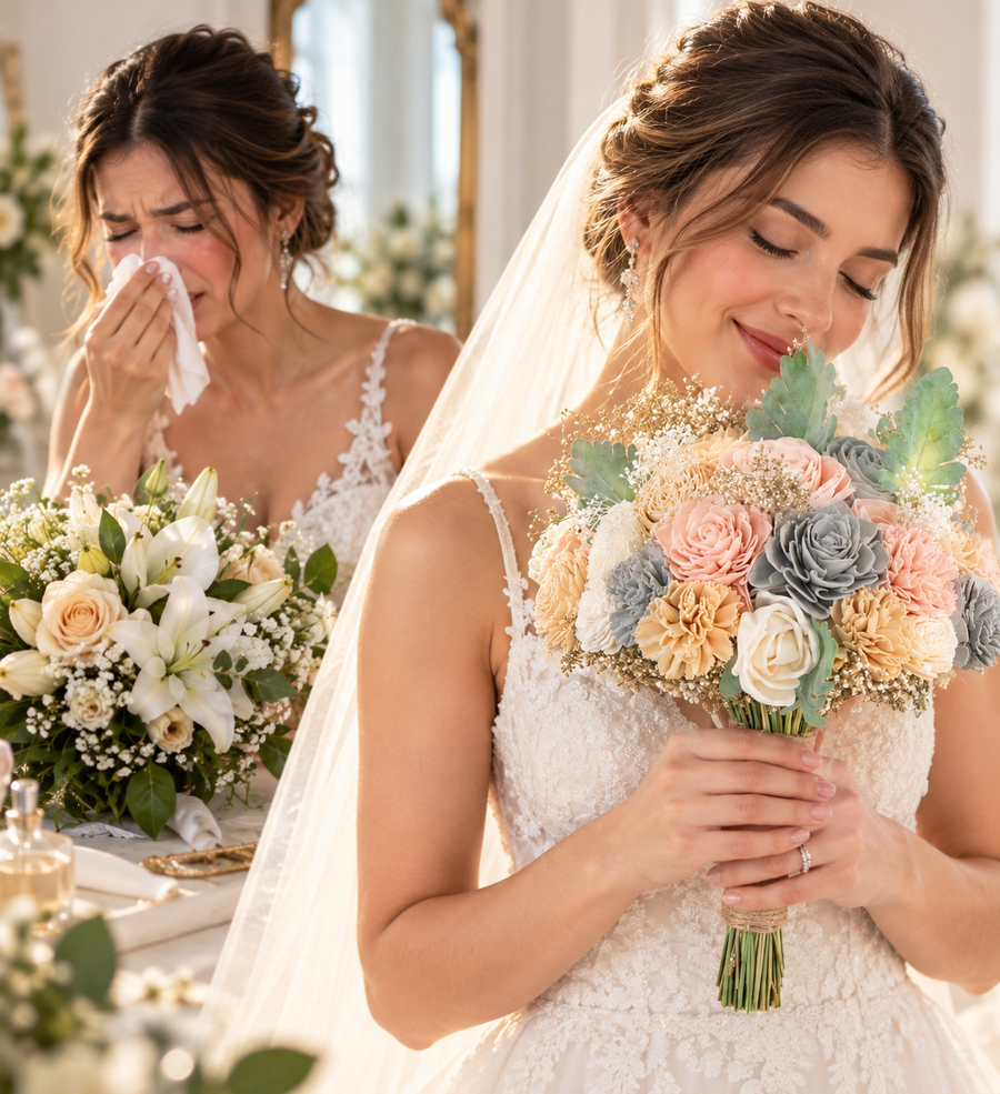 Bride holding a Sola wood bouquet close to her face with clear eyes