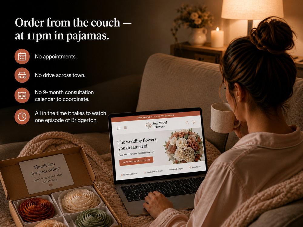 Bride browsing wedding flowers on a laptop
