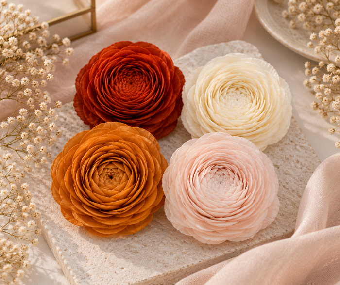 Four hand-dyed sola wood flowers from the free sampler