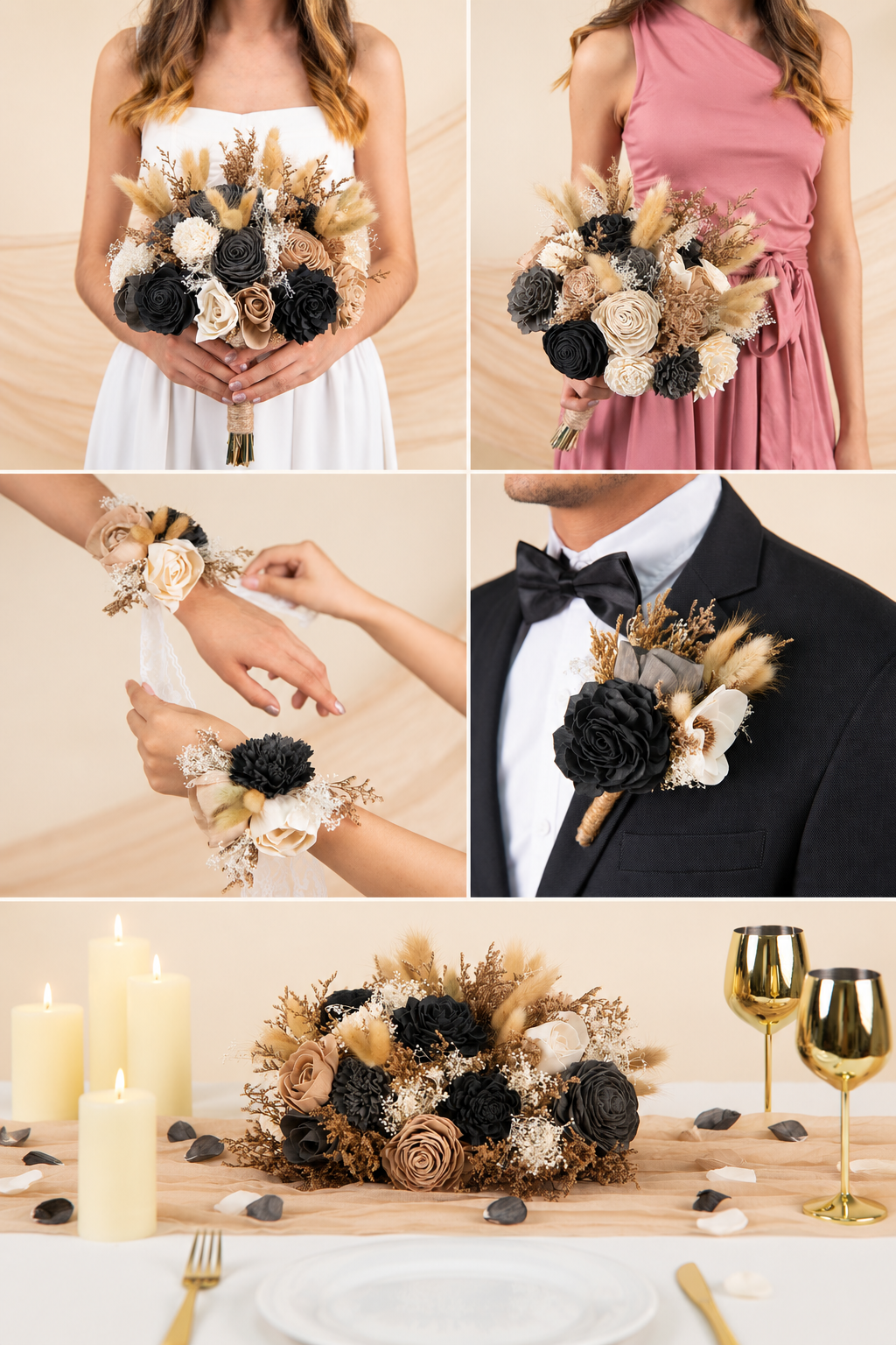 Full wedding flower set: bridal bouquet, bridesmaid bouquets, boutonnieres, centerpieces