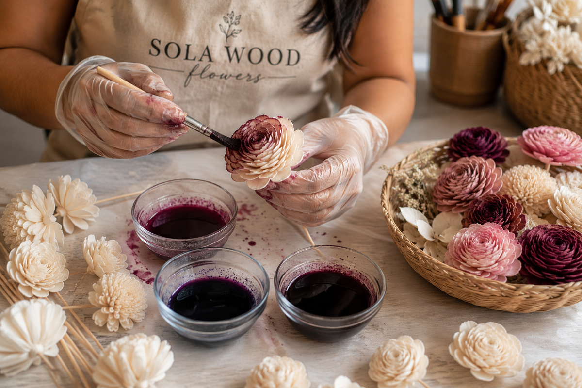 Hand-dyed sola wood flowers in a range of wedding palette colors