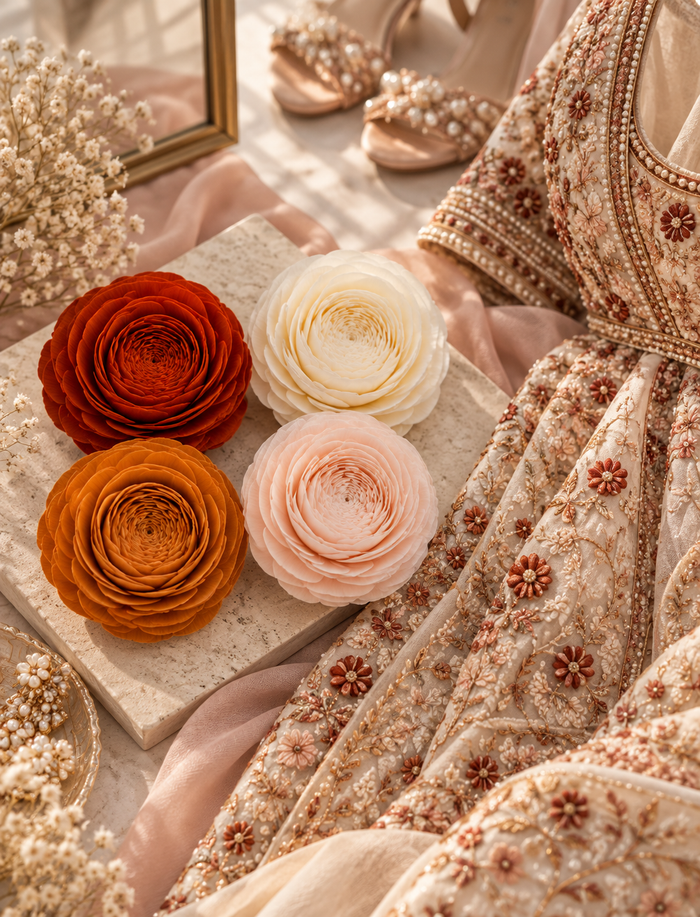 A bride holding a sola flower next to a bridesmaid fabric swatch