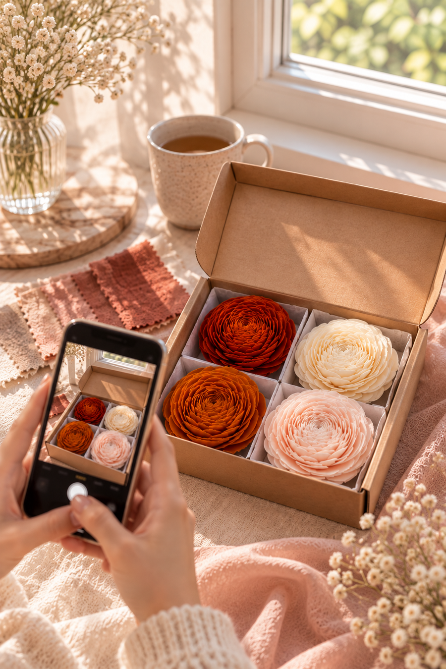 Four hand-dyed sola sampler flowers held next to a bride's own fabric swatch