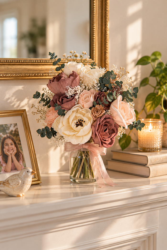Vintage Vineyard theme Sola wood wedding bouquet kept at home, 7 years later