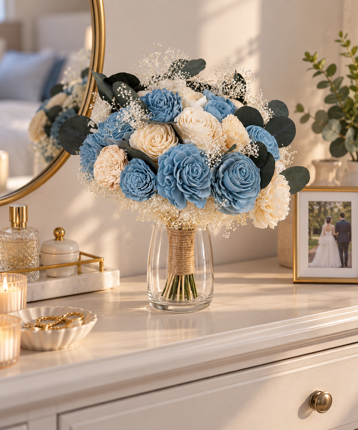 Eloise theme Sola wood wedding bouquet kept at home, 5 years later
