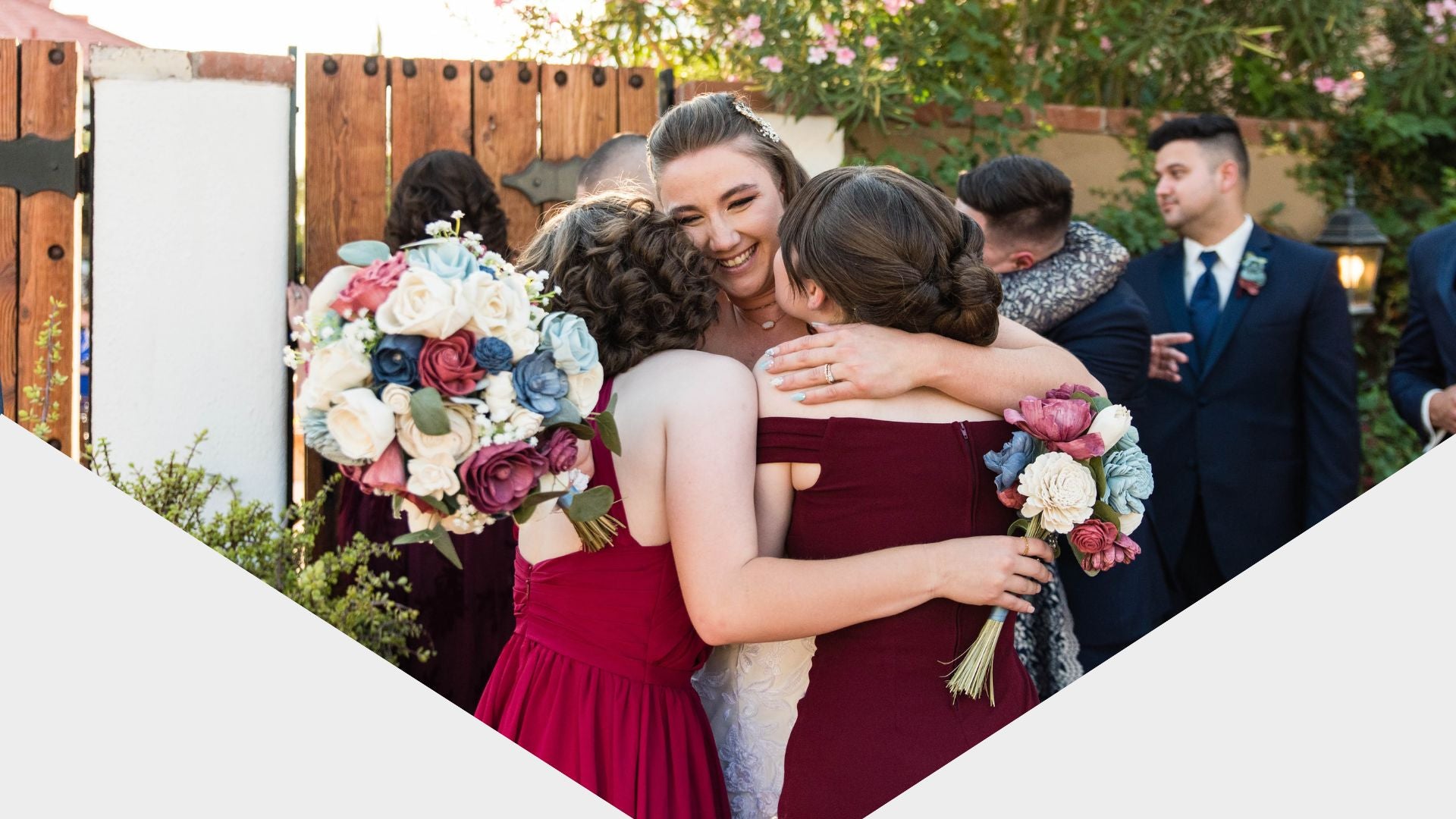 Beautiful wedding scene with bride and bridesmaids in autumn setting