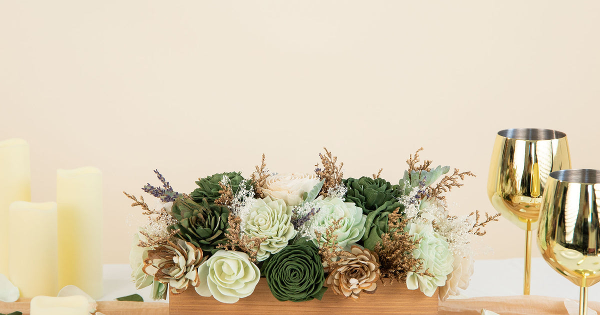 succulent and eucalyptus table centerpieces Silver Sage Wedding Centerpiece – Sola Wood Flowers