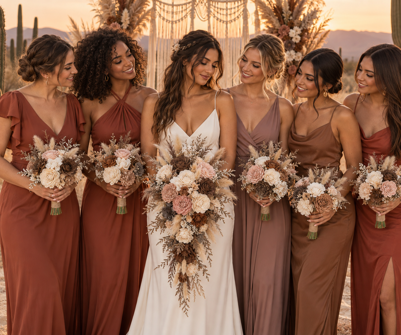 Rose theme Sola wood flowers: bridal bouquet and 5 bridesmaid bouquets held by a real bride and her bridal party