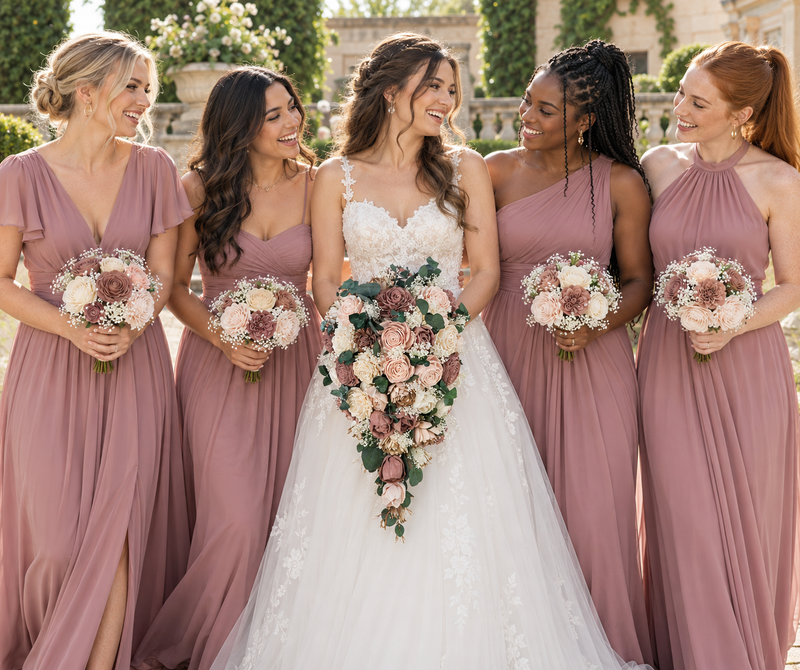 Eloise theme Sola wood flowers: bridal bouquet and 6 bridesmaid bouquets held by a real bride and her bridal party