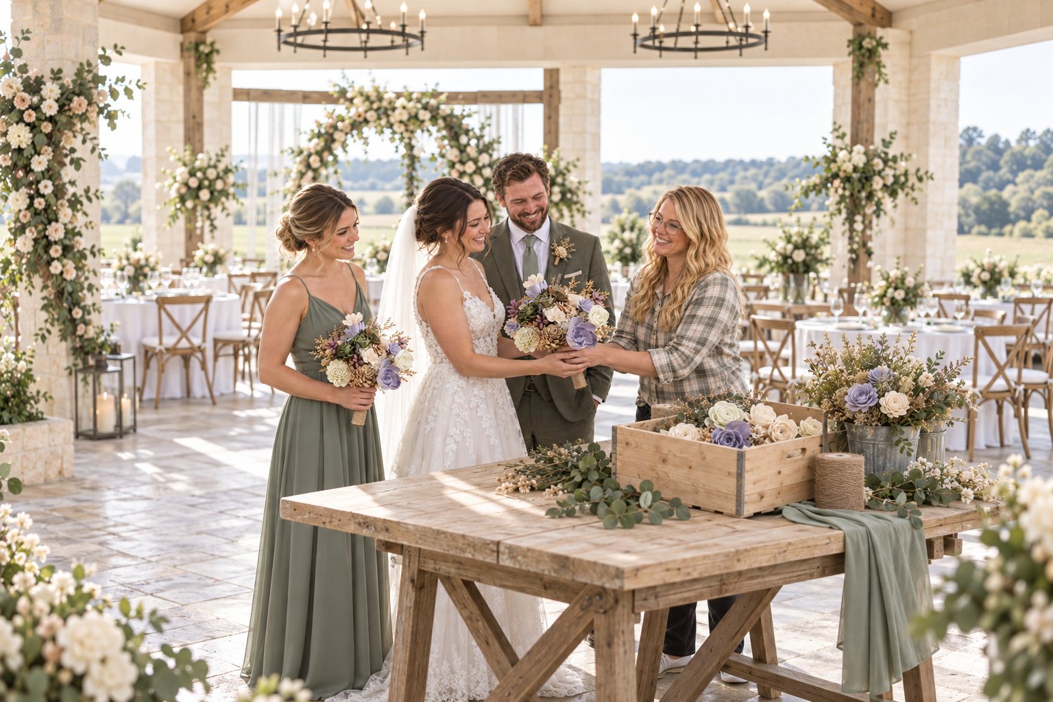 Beautiful wedding scene with bride and bridesmaids in autumn setting