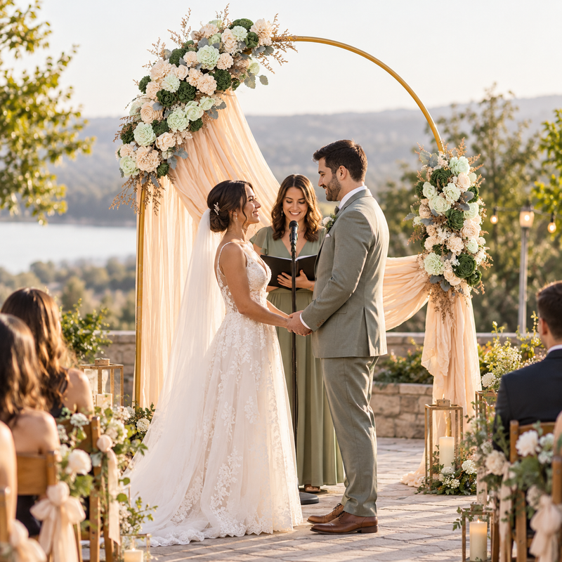 Silver Sage theme Sola wood flowers at a real wedding: arch florals