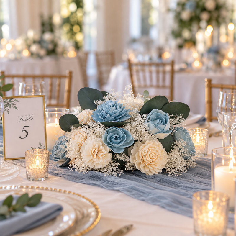 Eloise theme Sola wood flowers at a real wedding: centerpieces