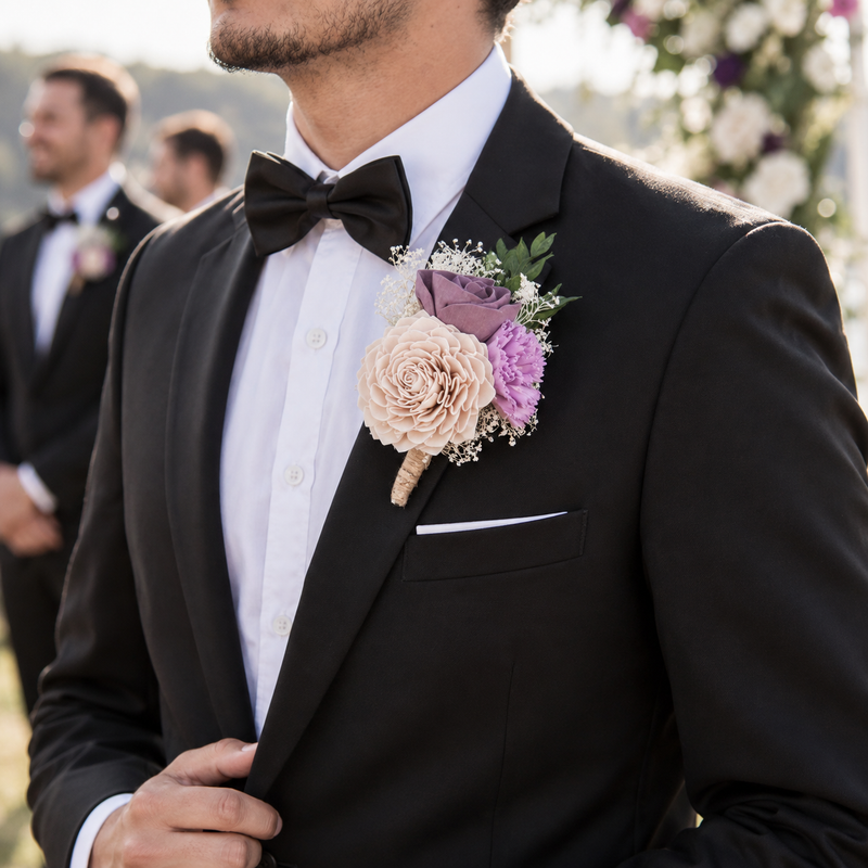 Zen Garden theme Sola wood flowers at a real wedding: boutonnieres