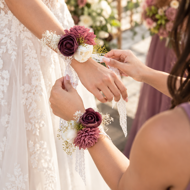 Love Story theme Sola wood flowers at a real wedding: corsage set
