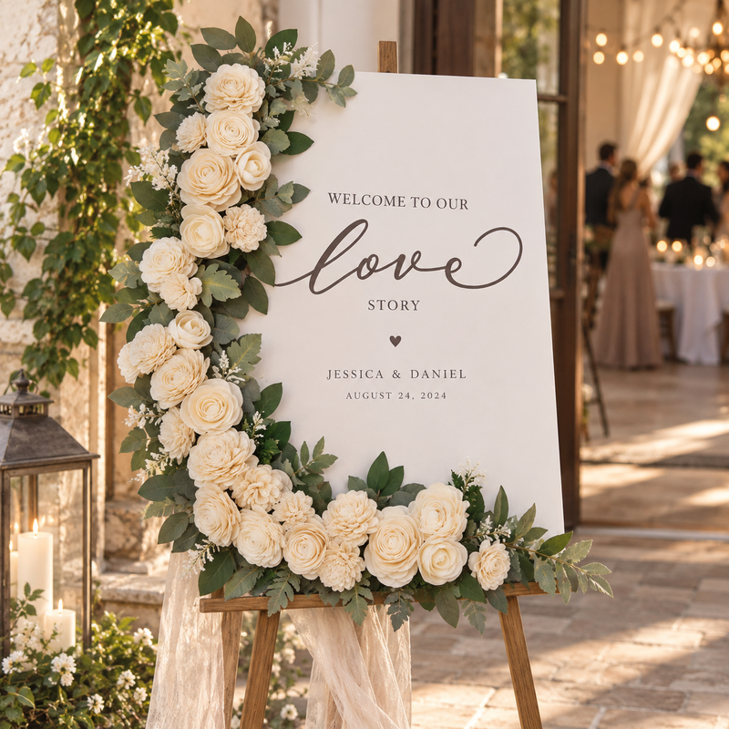 Luxe Ivory theme Sola wood flowers at a real wedding: chair florals