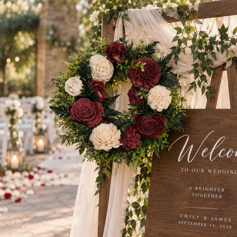 Romance theme Sola wood flowers at a real wedding: sweetheart table
