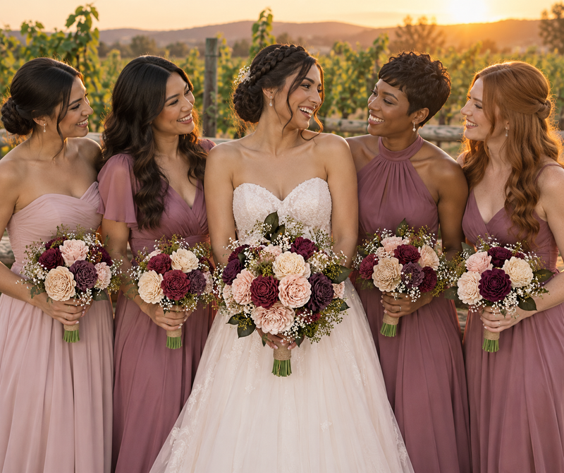 Zen Garden theme Sola wood flowers: bridal bouquet and 7 bridesmaid bouquets held by a real bride and her bridal party