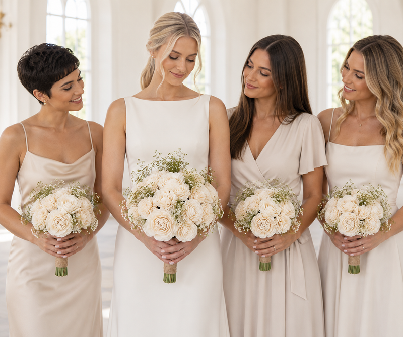Vintage Vineyard theme Sola wood flowers: bridal bouquet and 5 bridesmaid bouquets held by a real bride and her bridal party