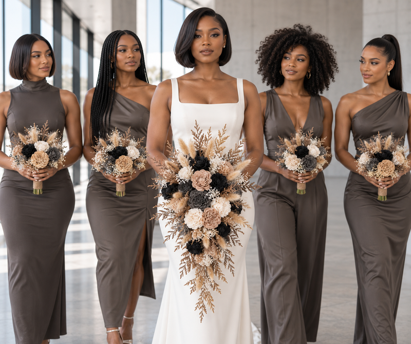 Romance theme Sola wood flowers: bridal bouquet and 6 bridesmaid bouquets held by a real bride and her bridal party