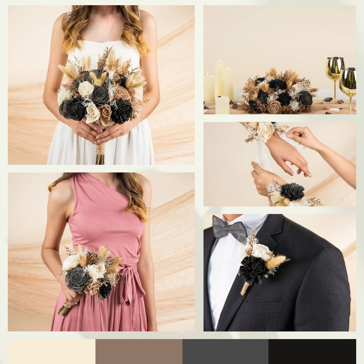 Coordinated Sola wood flower bouquets, boutonnieres and centerpieces