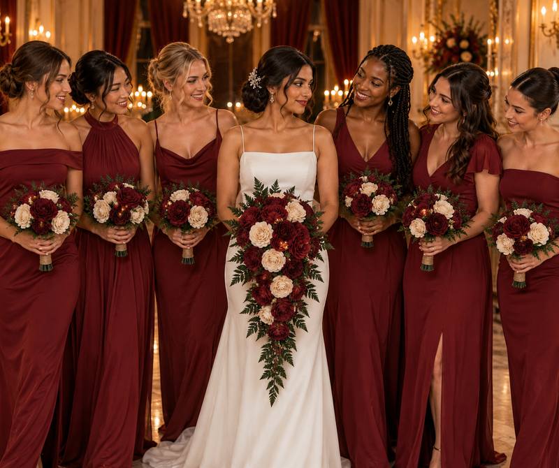 Loretta theme Sola wood flowers: bridal bouquet and 4 bridesmaid bouquets held by a real bride and her bridal party