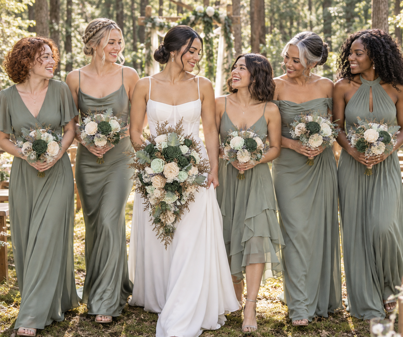 Silver Sage theme Sola wood flowers: bridal bouquet and 5 bridesmaid bouquets held by a real bride and her bridal party