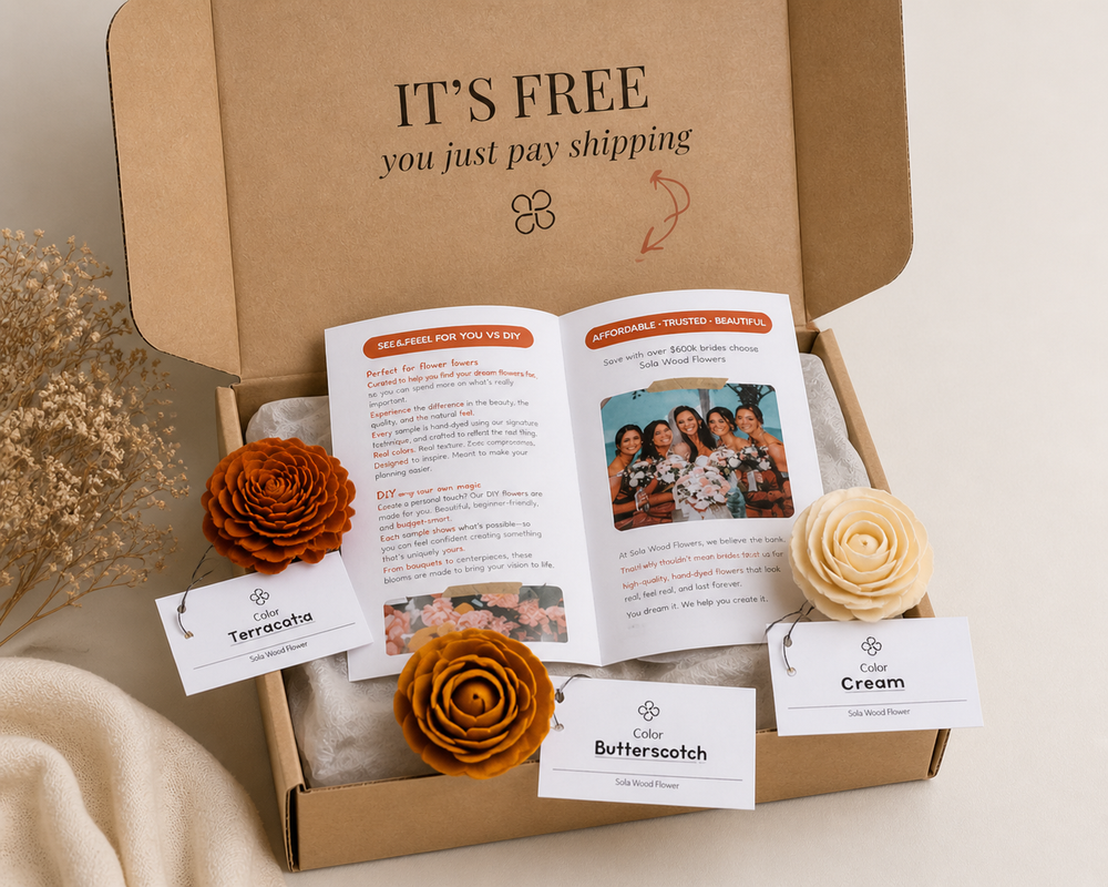 The free Sola Wood Flowers sampler box with four hand-dyed flowers